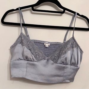 light blue stretchy silky lace party tank top with adjustable straps size small